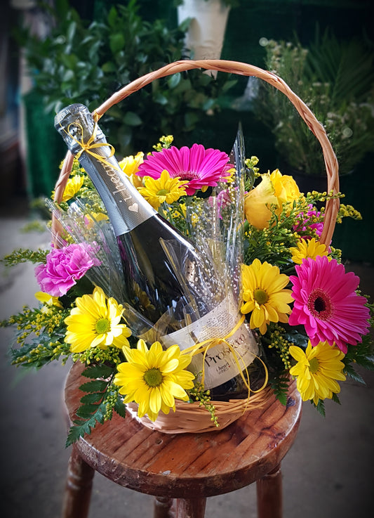 Floral Basket Arrangement with Prosecco